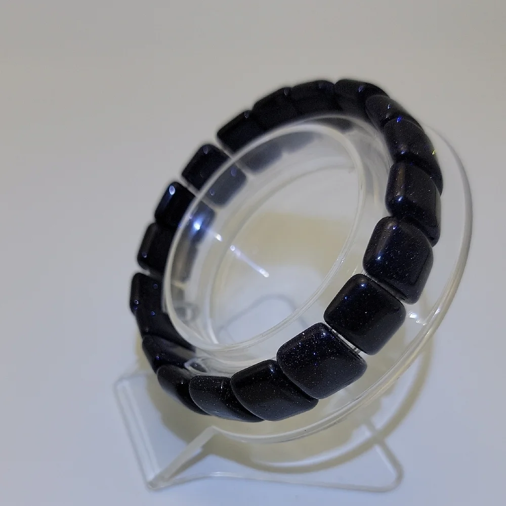 Blue Sandstone Sparkle Aventurine Glass 15mm Beaded Stretch Bracelet - Picture 3 of 6